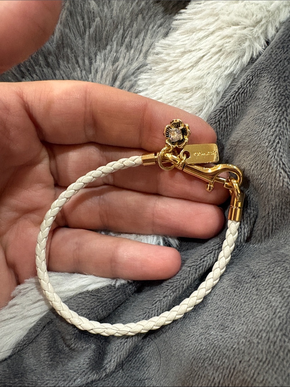 Coach Braided Charm Bracelet Womens OS White Good Gold-Tone Floral Logo Leather